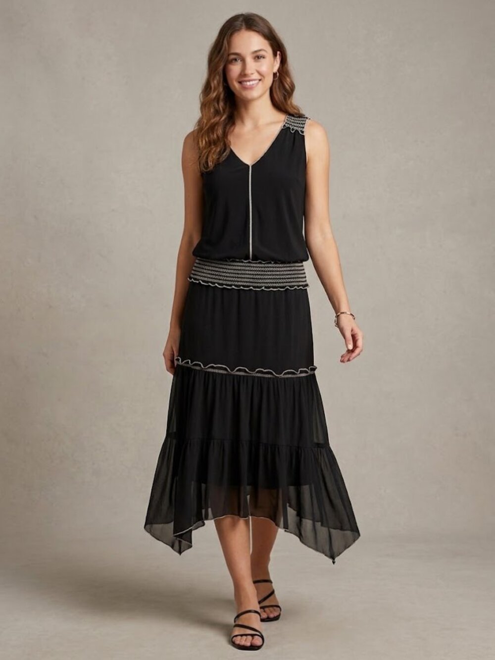 M.S.S.P. Max Studio 2 Piece Set XS Black Tiered Top & Skirt Set Boho Smocked Emb